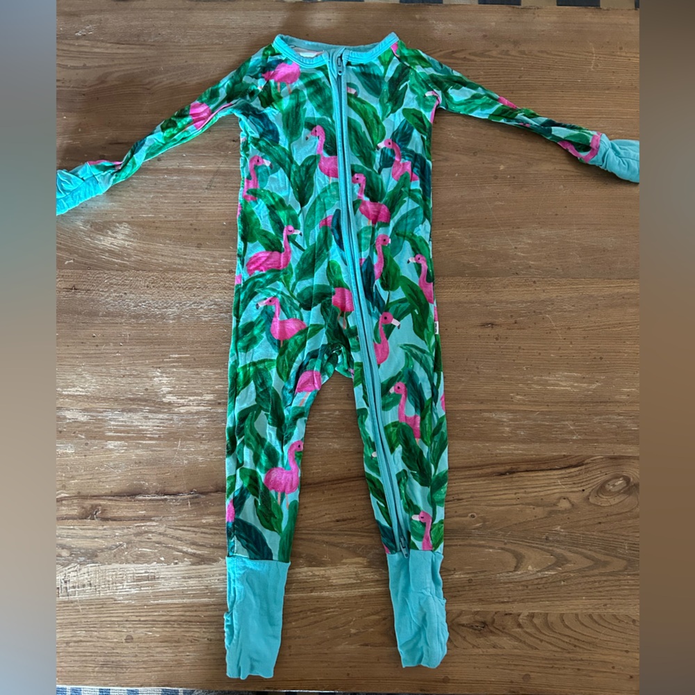 Little Sleepies Flamingo Print Kids One Piece - Pink and Green